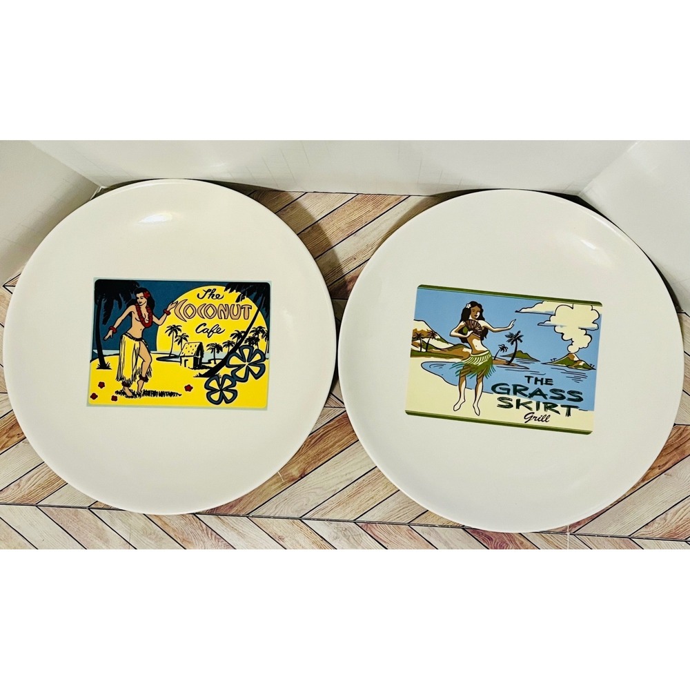 Pottery Barn Aloha Girls Plates Set 2 Hula Tiki Cocktail Recipe Vintage Retro